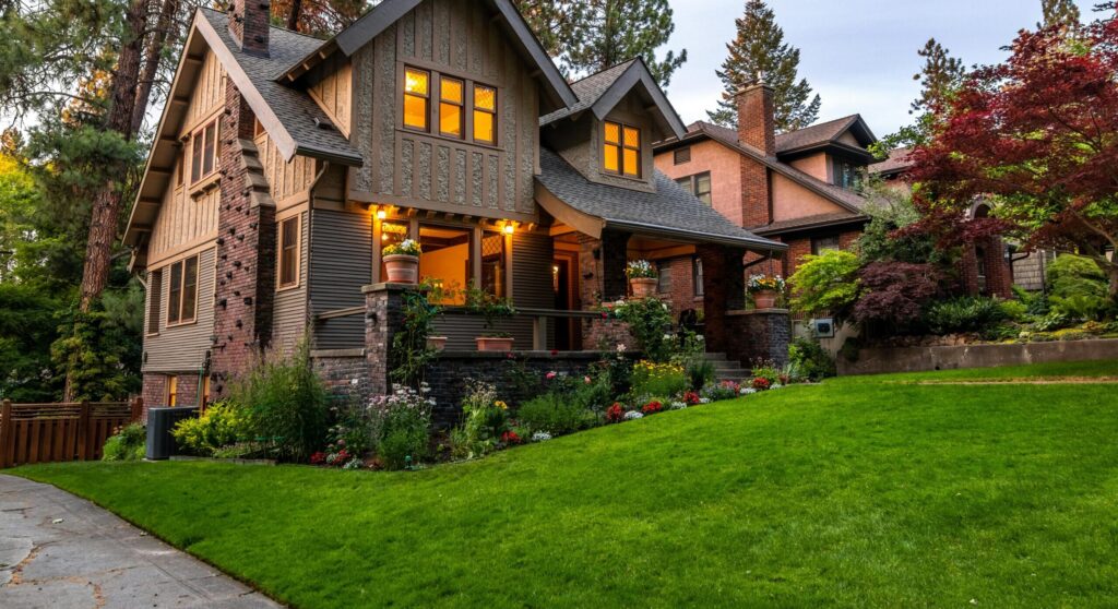 A two-story craftsman-style house with a steep roof and warm interior lights glowing through large windows, surrounded by tall trees, a green lawn, and a landscaped front garden.